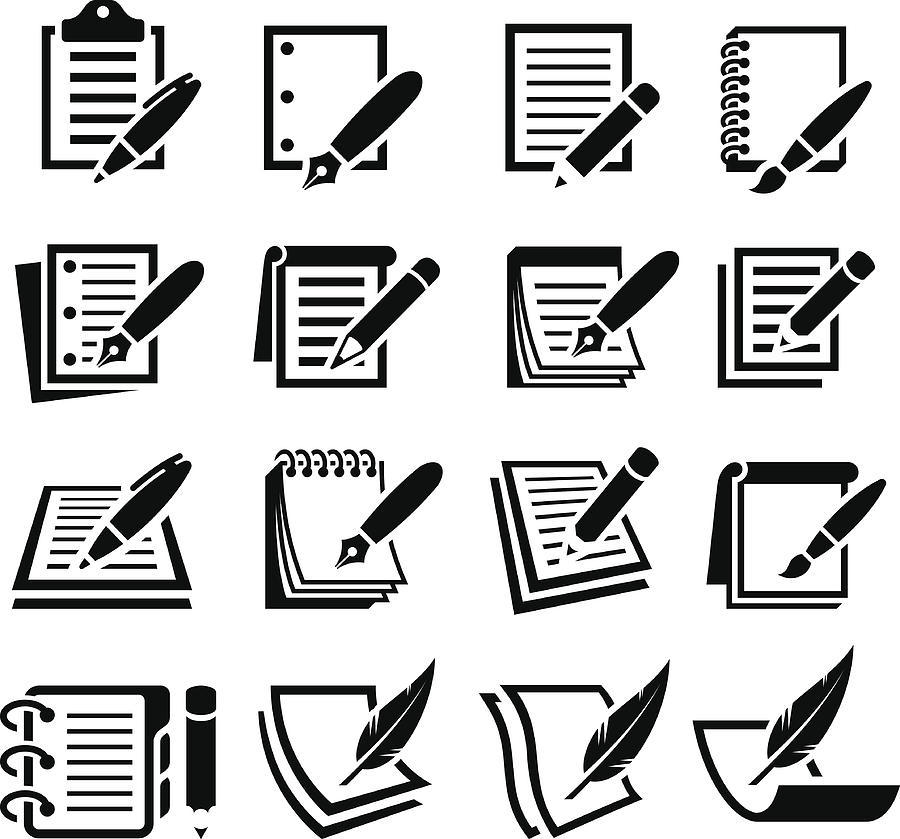 Notebook and Pen black & white vector icon set Drawing by Bubaone