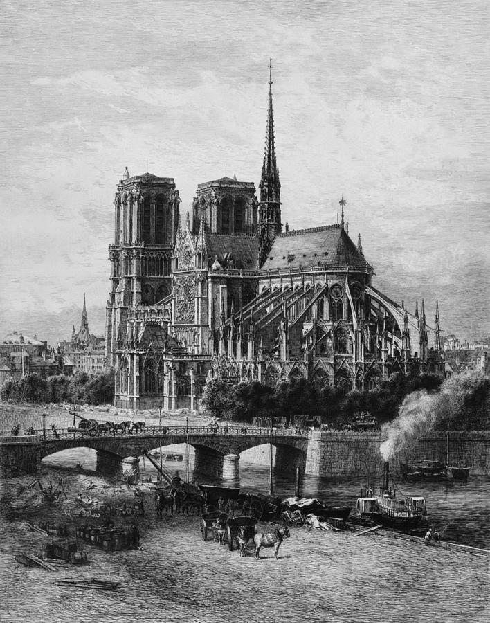 Notre Dame Cathedral Etching - Alfred Delauney - Circa 1870 Drawing by War Is Hell Store