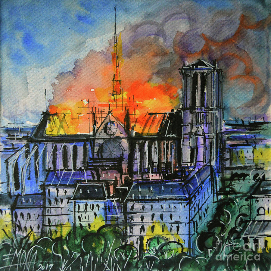 NOTRE DAME DE PARIS FIRE Watercolor Painting Mona Edulesco Painting by Mona Edulesco