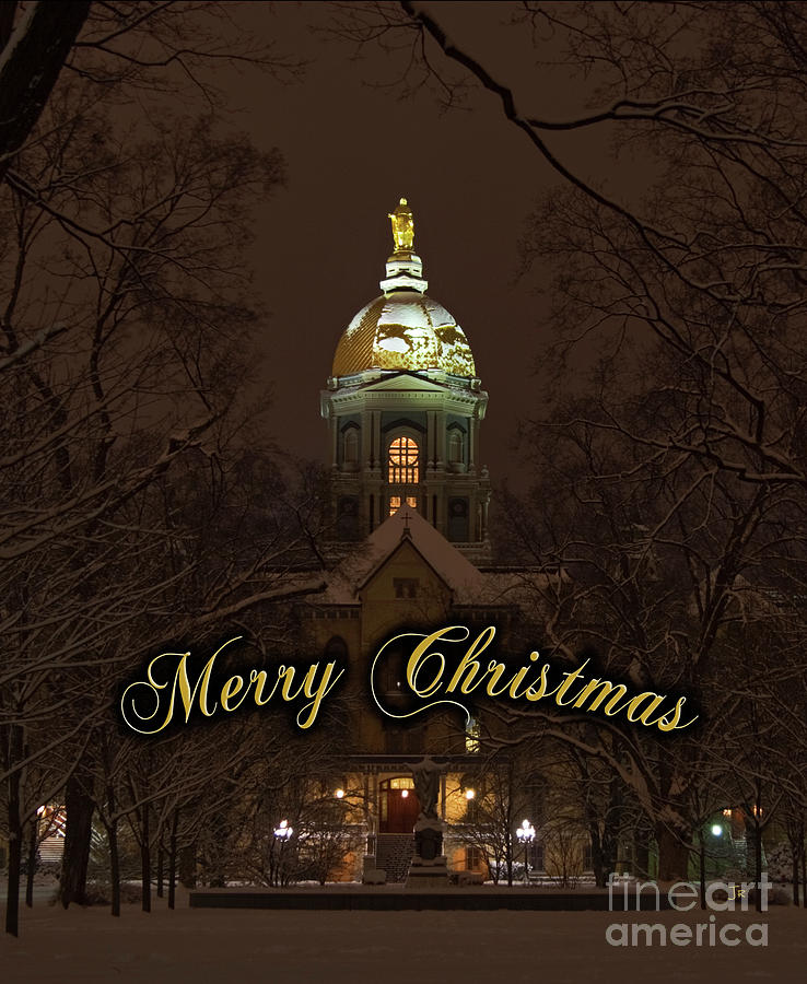 Notre Dame Golden Dome Snowy Night Christmas Photograph
