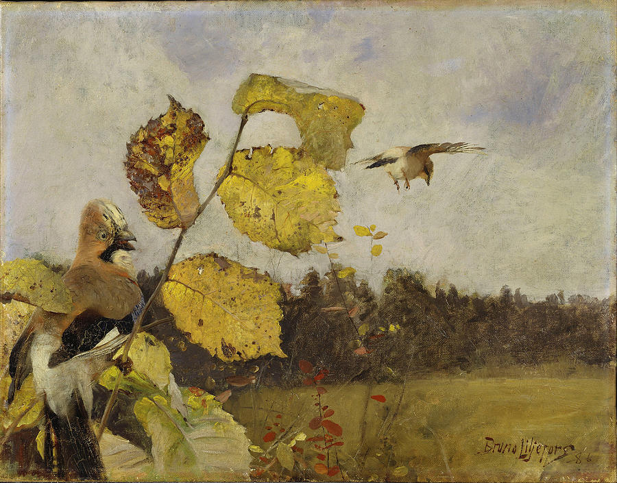 Landscape Painting - Notskrikor Jays. Date/Period 1886. Painting. Oil on canvas. by Bruno Liljefors