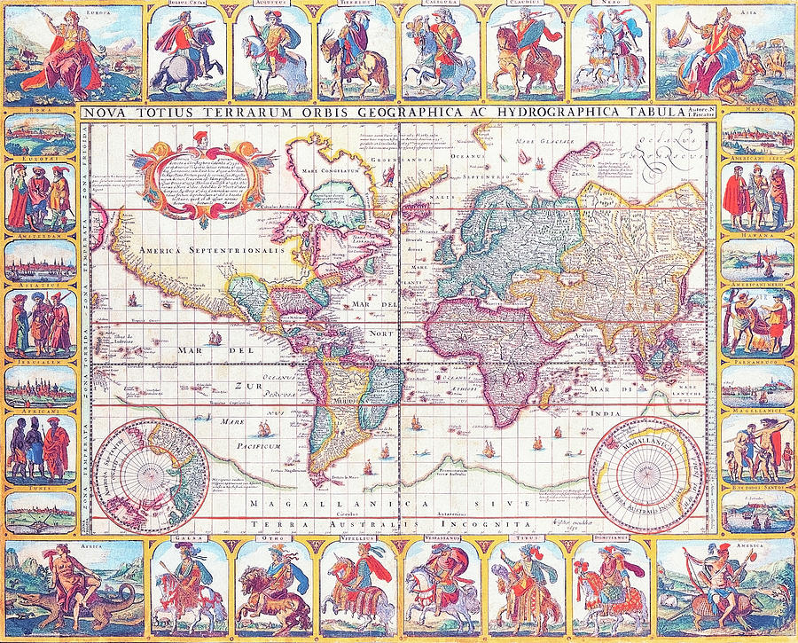Vintage Drawing - Nova Totius Terrarum Orbis Geographica Ac Hydrographica Tabula by Claes Janszoon Visscher II