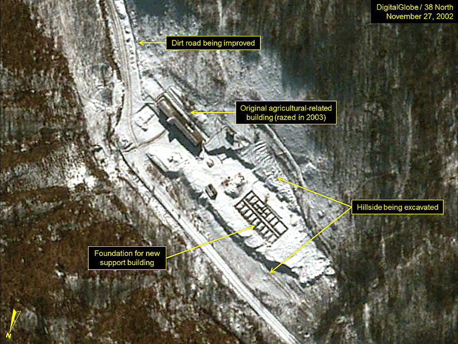 NOVEMBER 27, 2002:  Figure 4. DigitalGlobe imagery of the support area at Pumyong-dong on November 27, 2002. Mandatory credit for all images: DigitalGlobe/38 North via Getty Images. Photograph by DigitalGlobe/ScapeWare3d