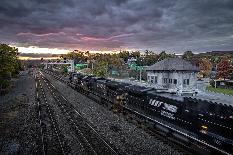 NS Intermodal chasing the sun at Alto Tower in Altoona PA Photograph by Jim Pearson