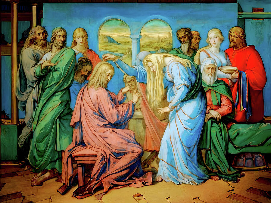 Religion Digital Art - NT Gospel forty-four -- The Anointing of Jesus at Bethany by Josef Johann Michel