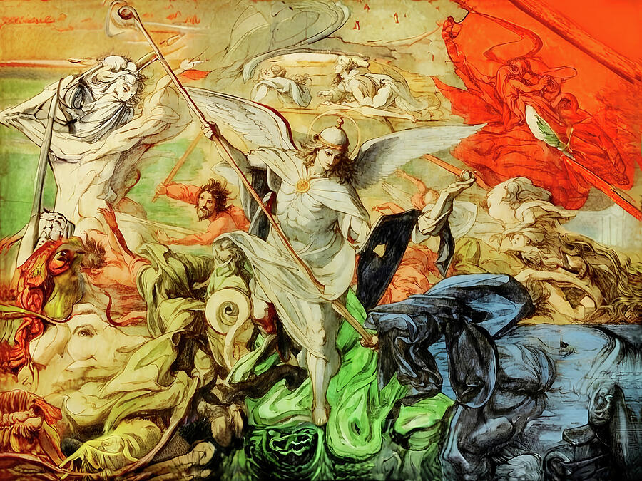 Religion Digital Art - NT Revelation fourth --Michael and the Dragon by Josef Johann Michel