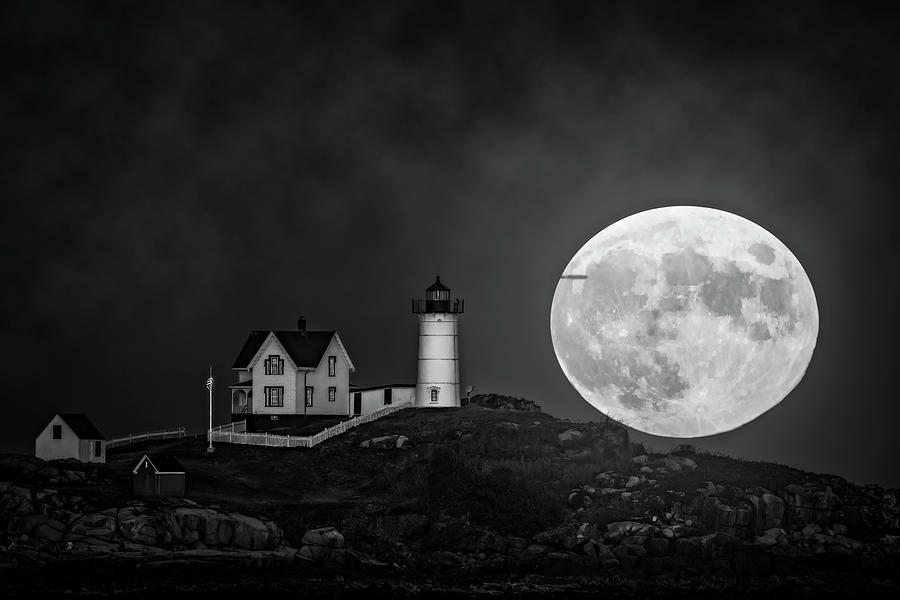 Nubble And The Full Moon BW Photograph by Susan Candelario