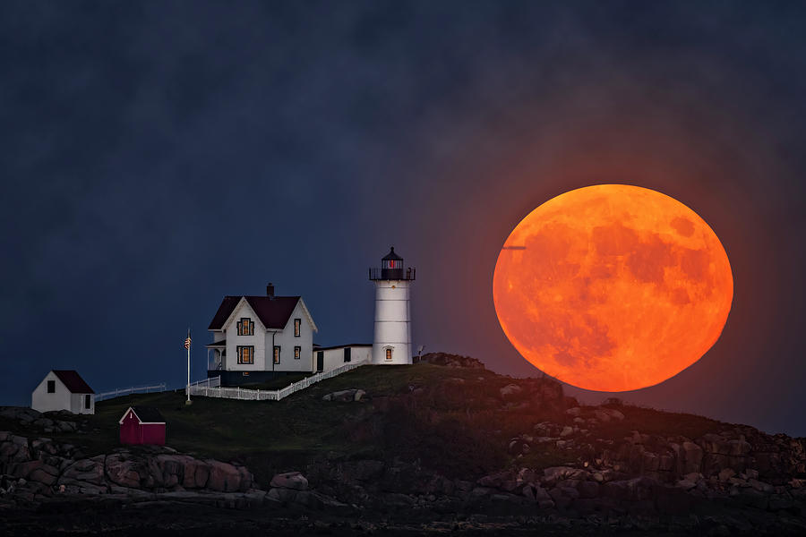 Nubble And The Full Moon Photograph by Susan Candelario