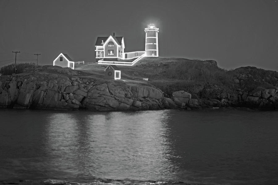 Nubble Light in York ME Cape Neddick Christmas blue sky Black and White Photograph by Toby McGuire Nubble Light in York ME Cape Neddick Christmas blue sky Black and White Photograph by Toby McGuire