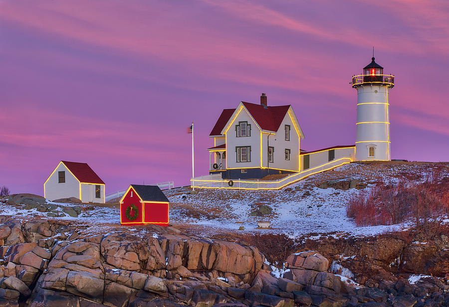 Nubble Light with Christmas Decoration Photograph by Juergen Roth