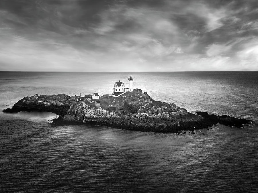 Nubble Lighthouse Aerial BW Photograph by Susan Candelario