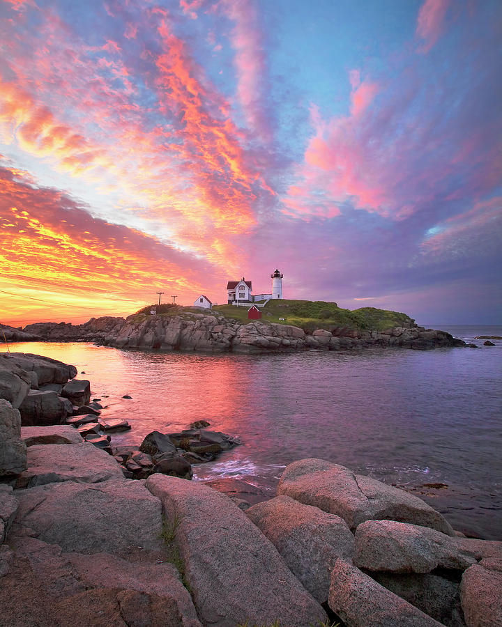 Nubble Lighthouse Colorful Sunrise Photograph by Eric Gendron