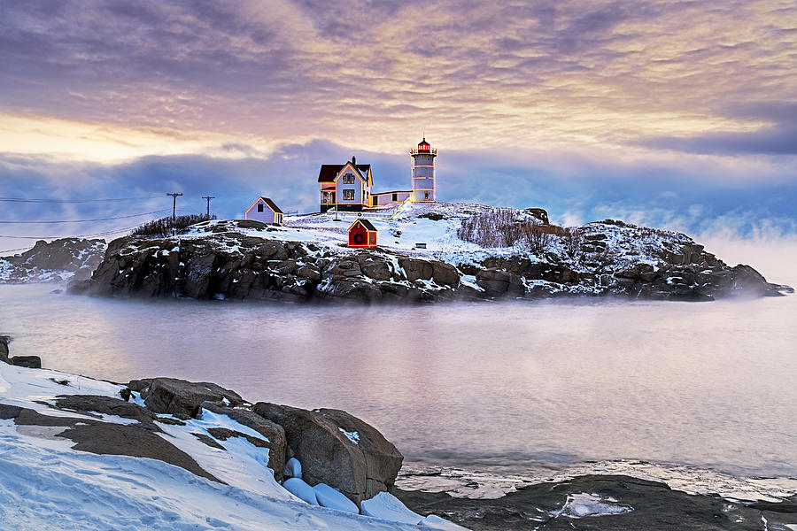 Nubble Lighthouse in Winter Photograph by Mike Mcquade