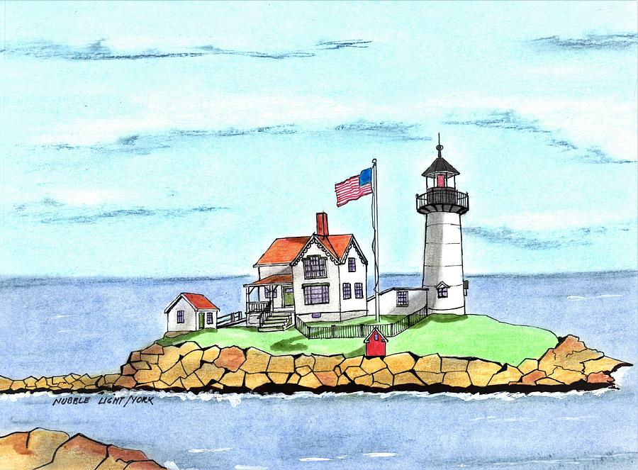 Nubble Lighthouse Maine Drawing by Paul Meinerth