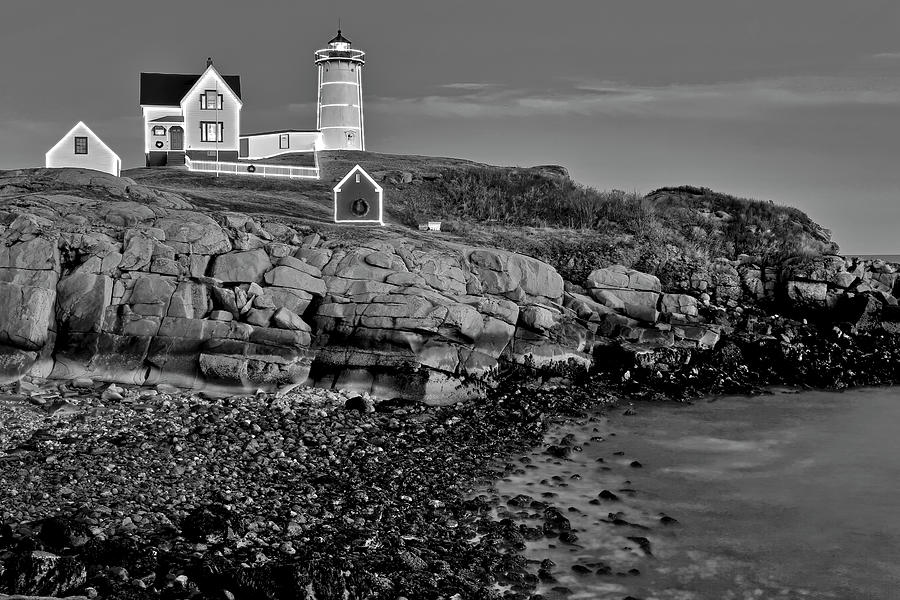 Nubble Lighthouse Noel BW Photograph by Susan Candelario