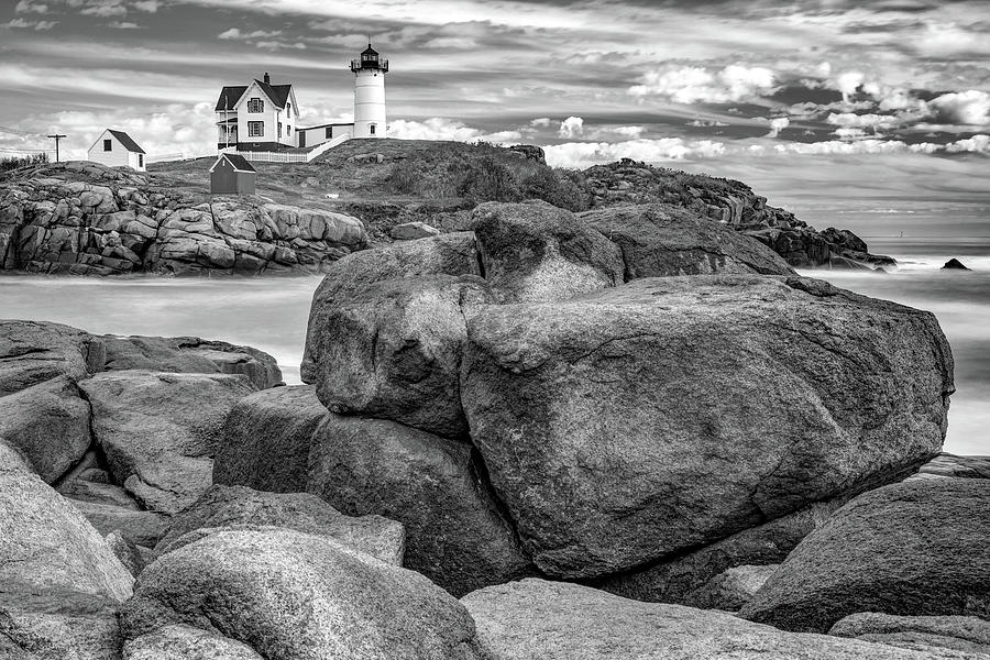 America Photograph - Nubble Lighthouse On The Rocks - York Maine Monochrome by Gregory Ballos America Photograph - Nubble Lighthouse On The Rocks - York Maine Monochrome by Gregory Ballos