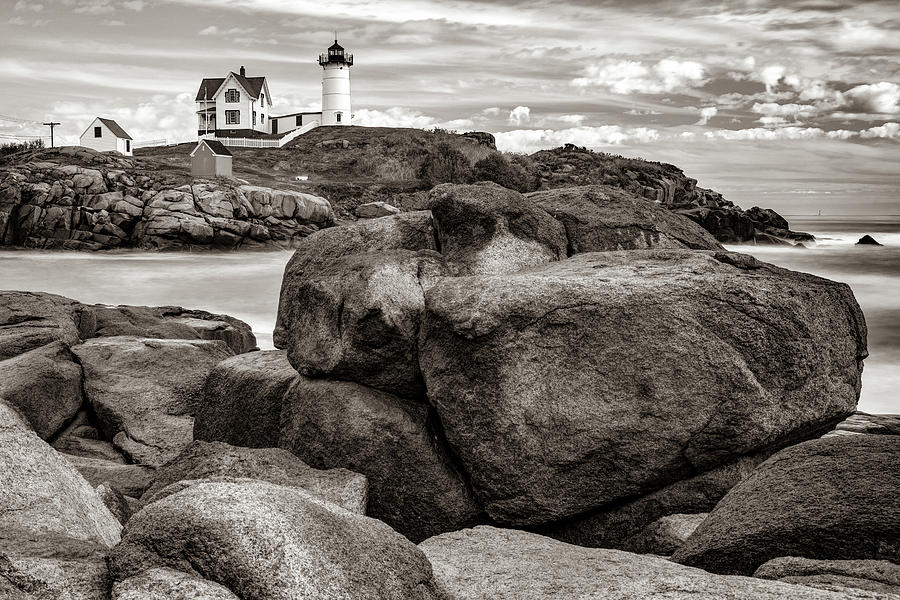 America Photograph - Nubble Lighthouse On the Rocks - York Maine Sepia by Gregory Ballos