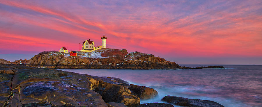 Nubble Lighthouse With Holiday Lighting Decoration Photograph