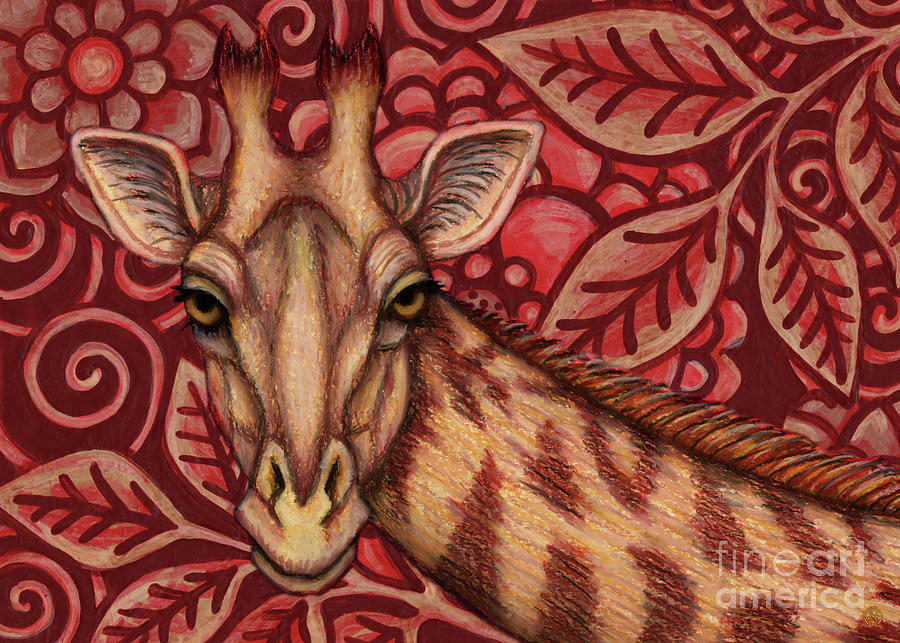Nubian Giraffe In Burgundy Florascape Painting by Amy E Fraser
