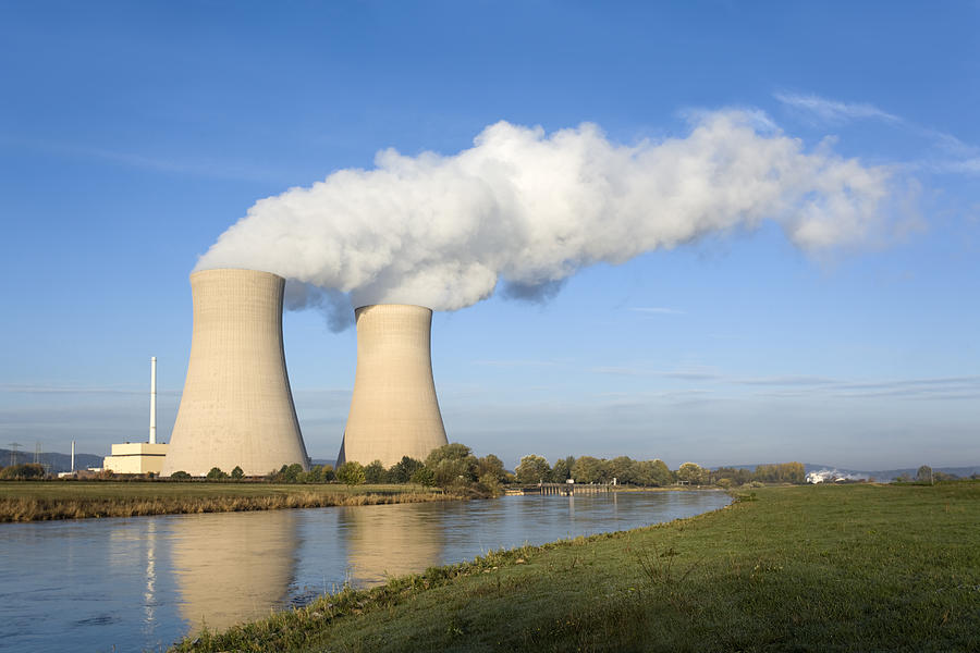 Nuclear power station with two steaming cooling towers riverside (XXXL) Photograph by RelaxFoto.de
