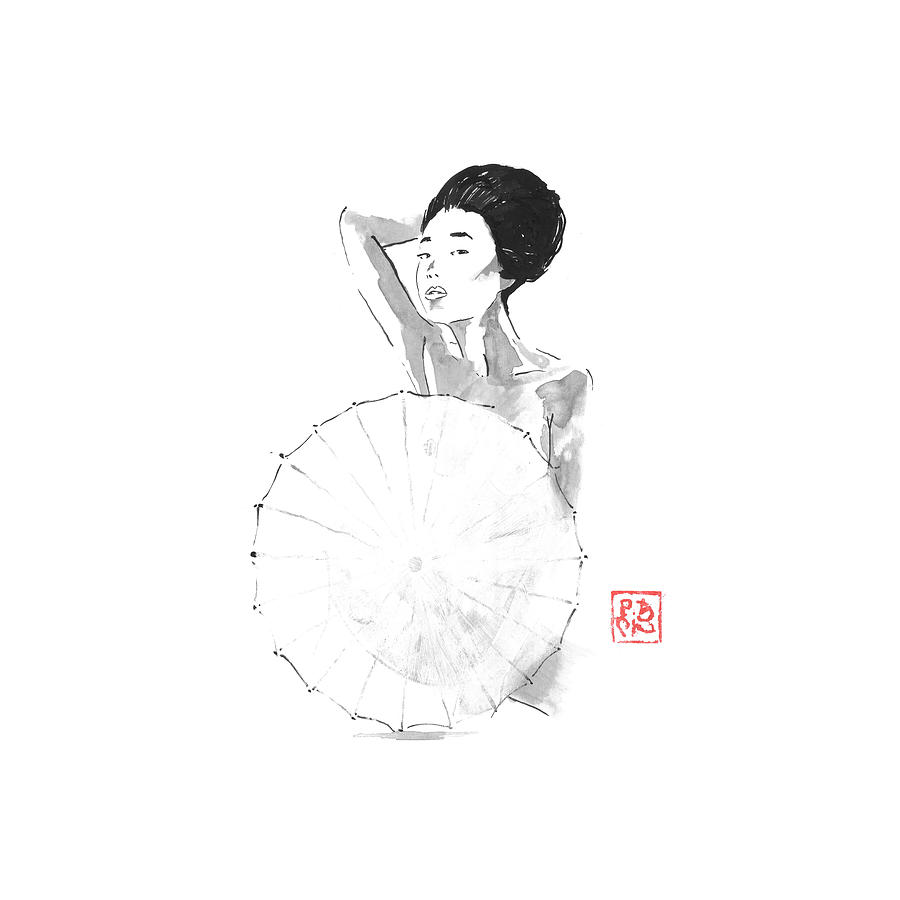 Nude Drawing - Nude Geisha Behind Umbrella 03 by Pechane Sumie