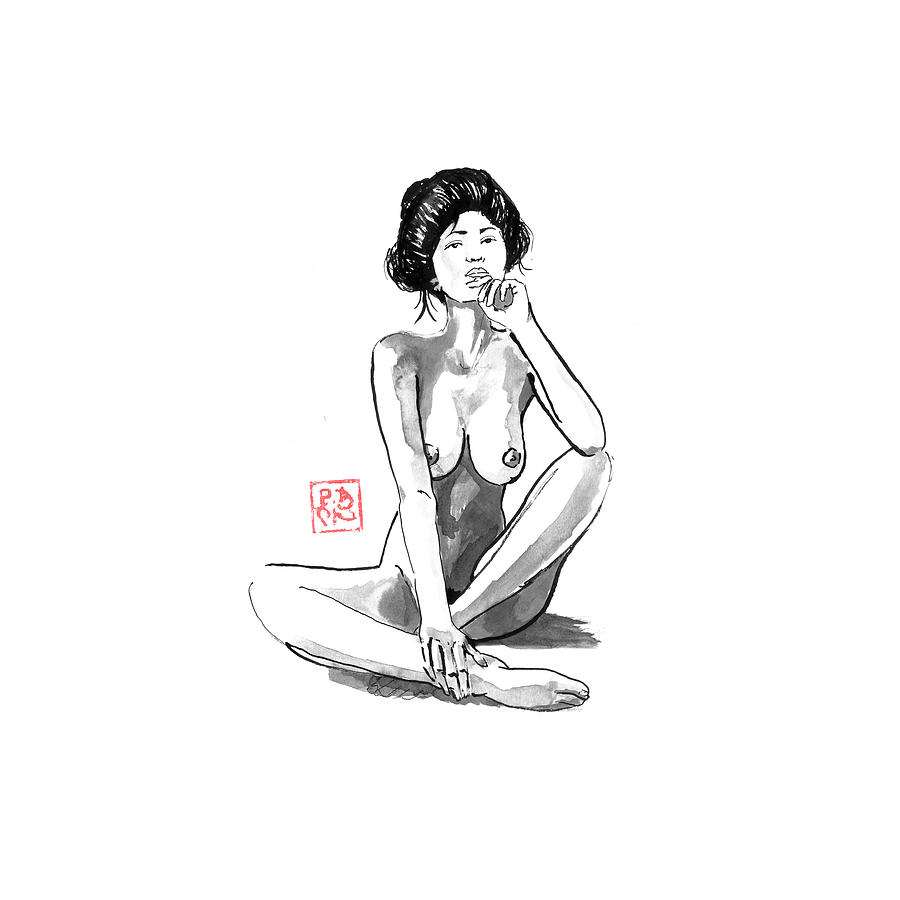 Nude Drawing - Nude Geisha Thinking by Pechane Sumie