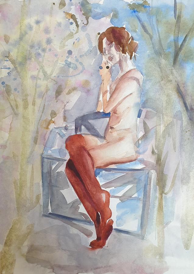 Nude Painting - Nude girl with red socks watercolor panting by Vali Irina Ciobanu by Vali Irina Ciobanu