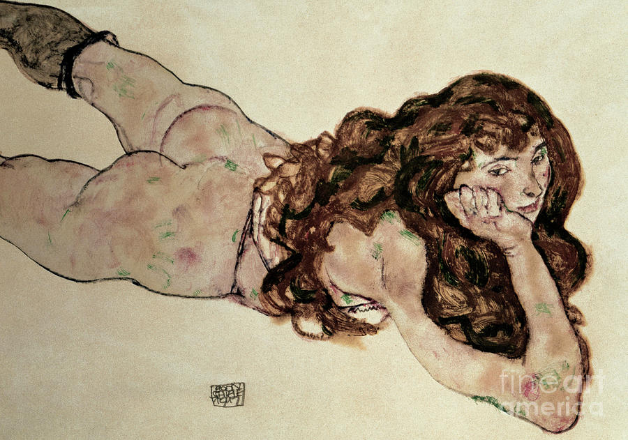 Egon Schiele Painting - Nude lying on her belly by Schiele by Egon Schiele
