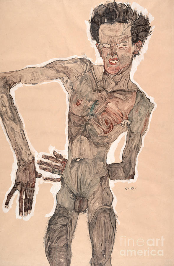 Nude Painting - Nude self portrait, grimacing, 1910  by Egon Schiele