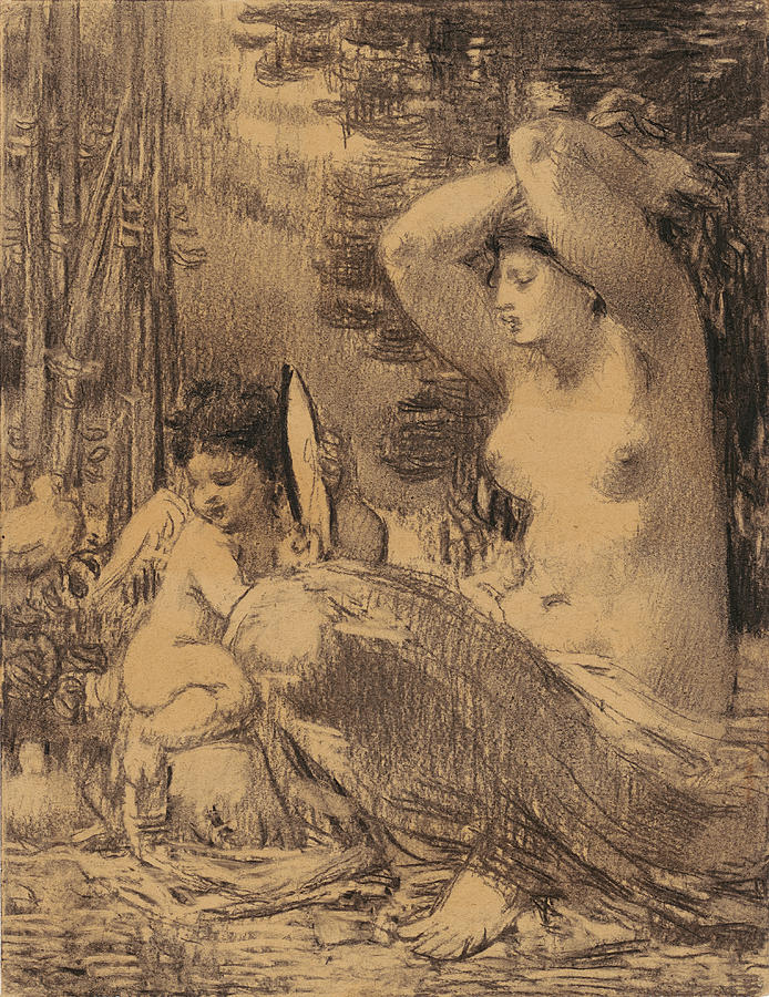 Nude with Cherub Holding a Mirror Drawing by William Perkins Babcock
