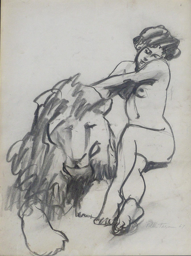 Nude with Lion Drawing by Galya Tarmu