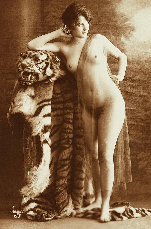 Nude Woman, Standing woman with tiger skin, 1890 Painting by French Nude Postcard Porn Photo