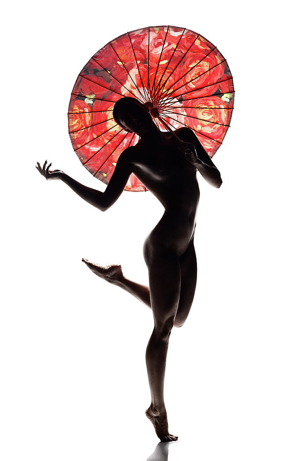 Nude Woman With Red Parasol Photograph