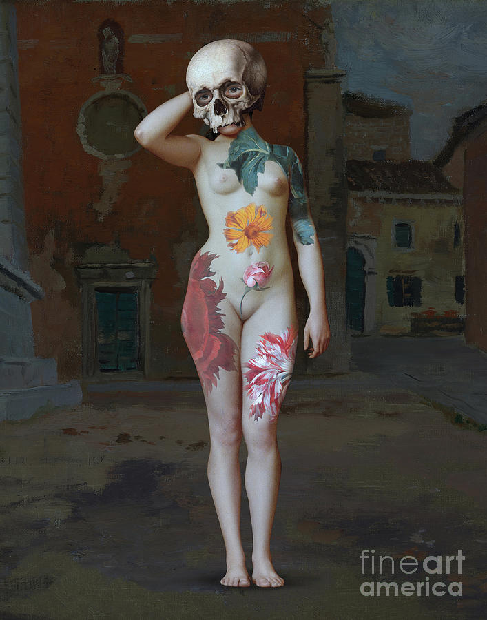 Nude Woman With Skull Head. Collage Surreal Art. Digital Art