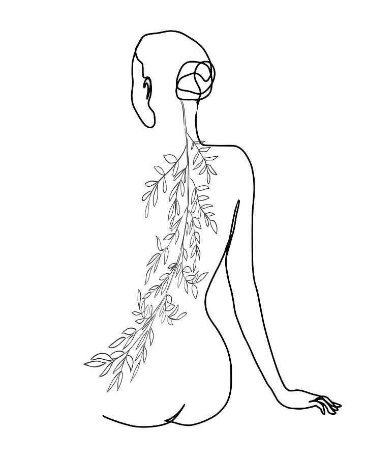 Nude Women And Leaves Minimal Line Art Drawing by Maria Heyens