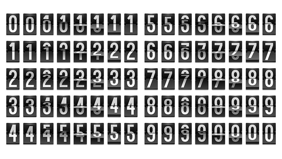 Numbers from Black Mechanical Scoreboard; Flip countdown clock counter Drawing by Maksym Kobuzan