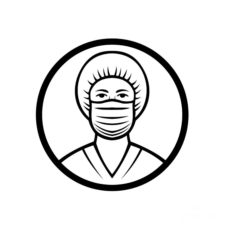 Nurse Wearing Surgical Mask Black And White Digital Art
