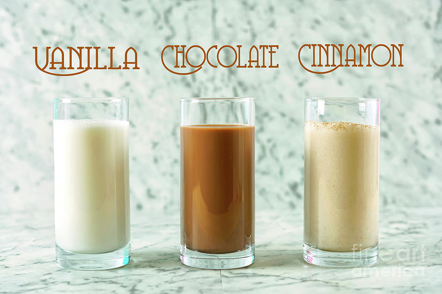 Nutritious vanilla, chocolate and cinnamon almond milk in glasse Photograph by Milleflore Images