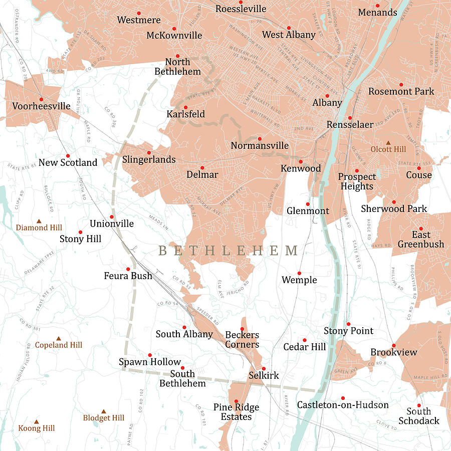 Map Digital Art - NY Albany Bethlehem Vector Road Map by Frank Ramspott