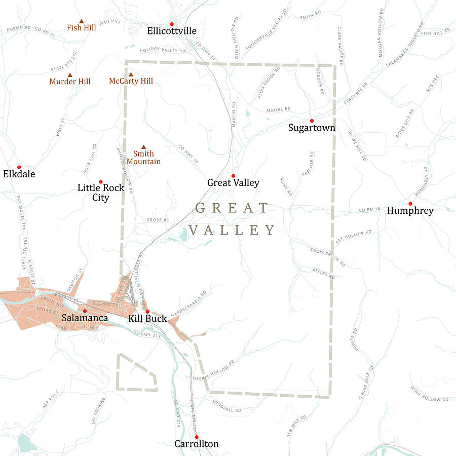 Map Digital Art - NY Cattaraugus Great Valley Vector Road Map by Frank Ramspott