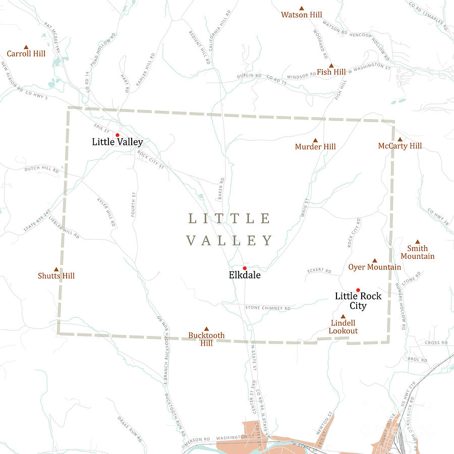Map Digital Art - NY Cattaraugus Little Valley Vector Road Map by Frank Ramspott