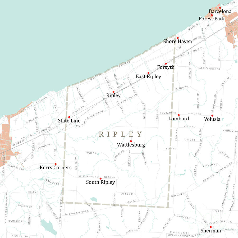 Map Digital Art - NY Chautauqua Ripley Vector Road Map by Frank Ramspott