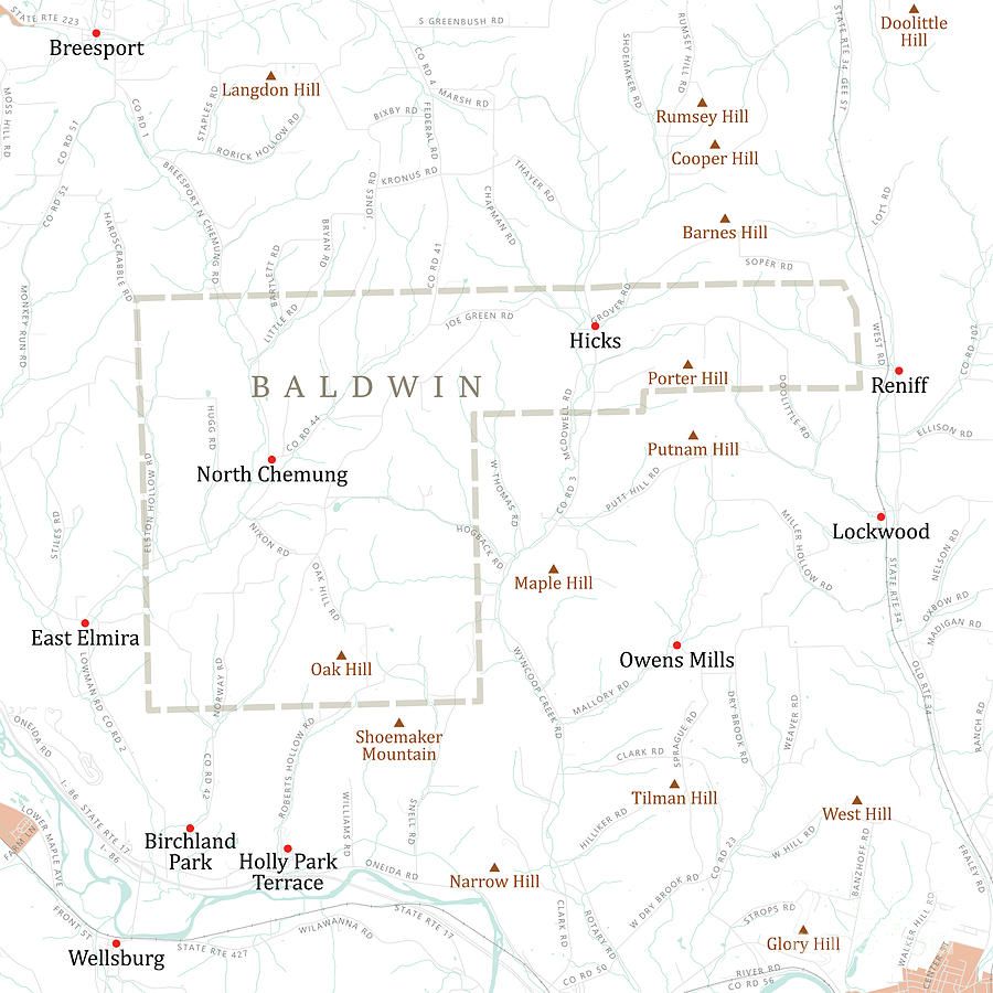 Map Digital Art - NY Chemung Baldwin Vector Road Map by Frank Ramspott