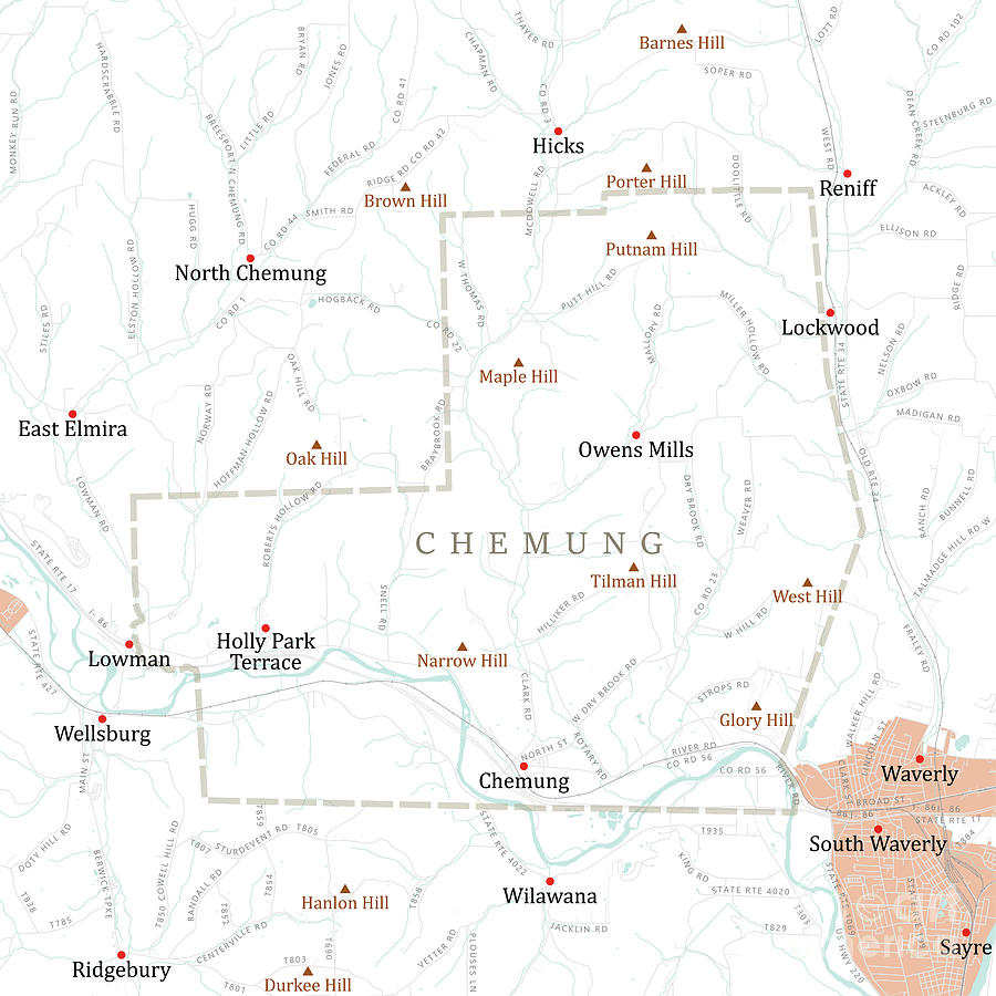 Map Digital Art - NY Chemung Chemung Vector Road Map by Frank Ramspott