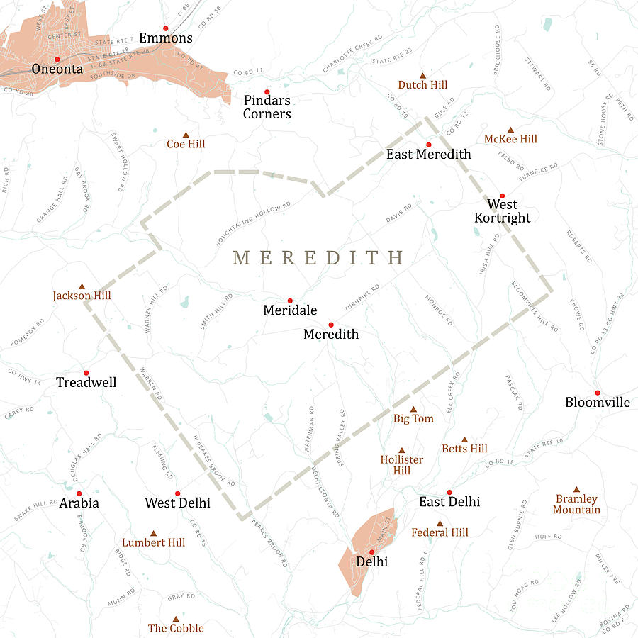 NY Delaware Meredith Vector Road Map Digital Art by Frank Ramspott ...