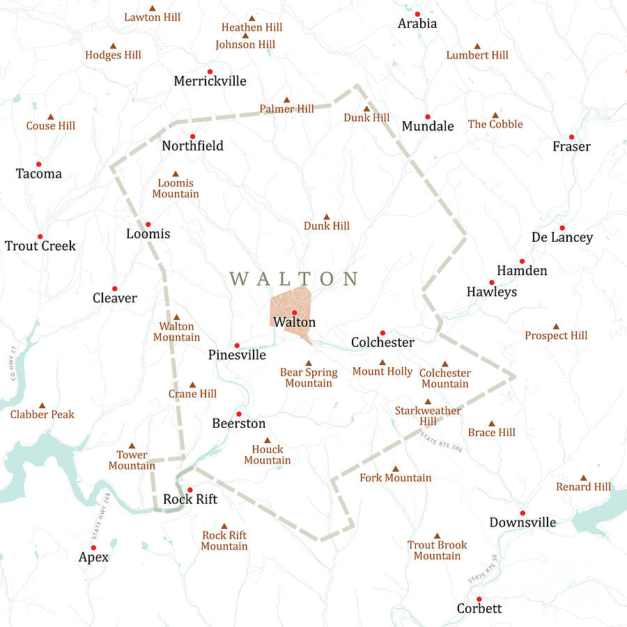 NY Delaware Walton Vector Road Map Digital Art by Frank Ramspott - Fine ...