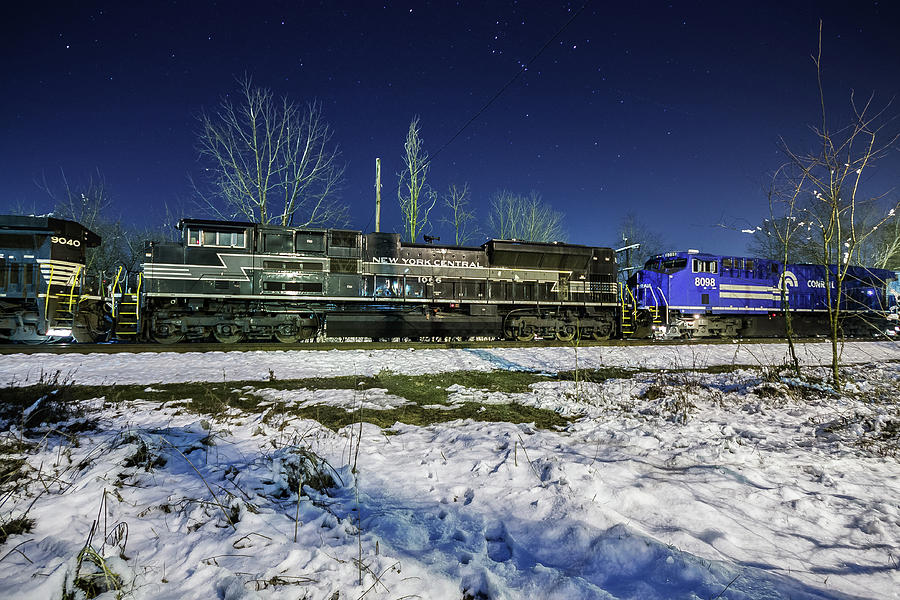 NYC and Conrail Under the Stars in the Snow Photograph by Greg Booher