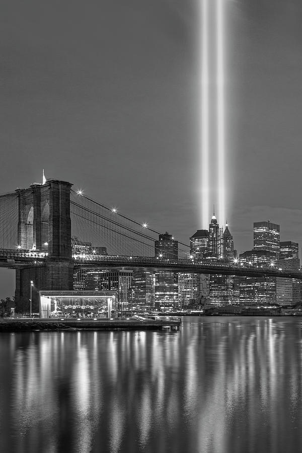 NYC Brooklyn Bridge 911 Tribute  BW Photograph by Susan Candelario