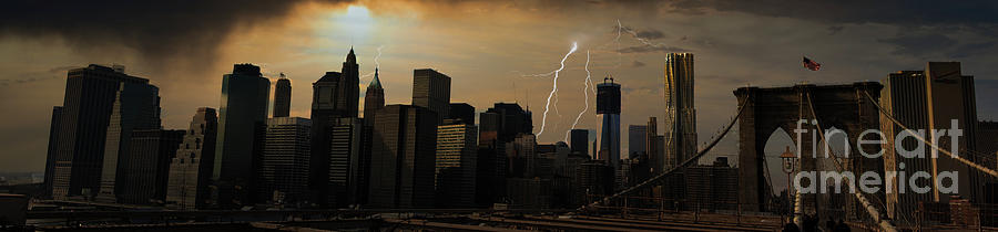 NYC Panorama Lightning WTC Brooklyn Bridge Color Skyline  Photograph by Chuck Kuhn