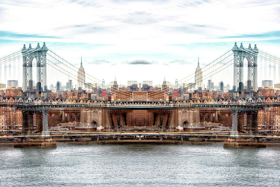 NYC Reflection - Manhattan Brigde Digital Art by Philippe HUGONNARD